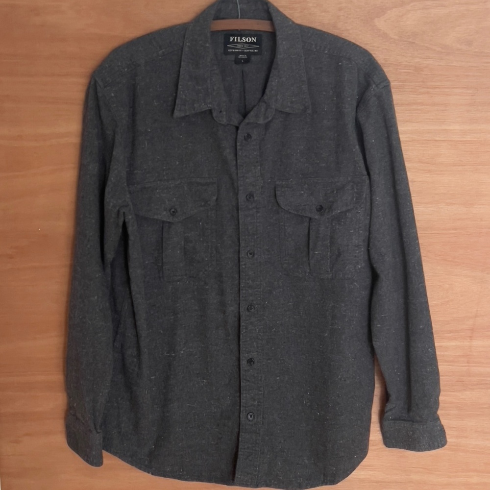 FILSON cotton button up shirt men's size L large charcoal gray thick work casual